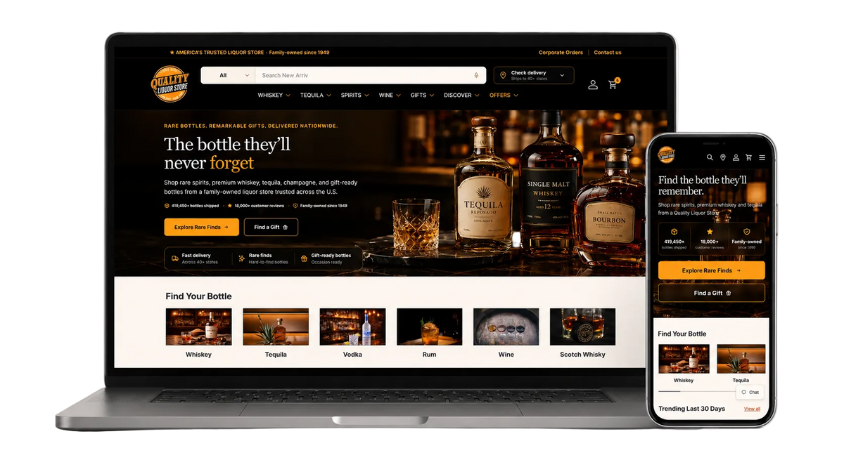 A laptop and smartphone displaying the official O'Grima whiskey and spirits website, shown on a clean white background.